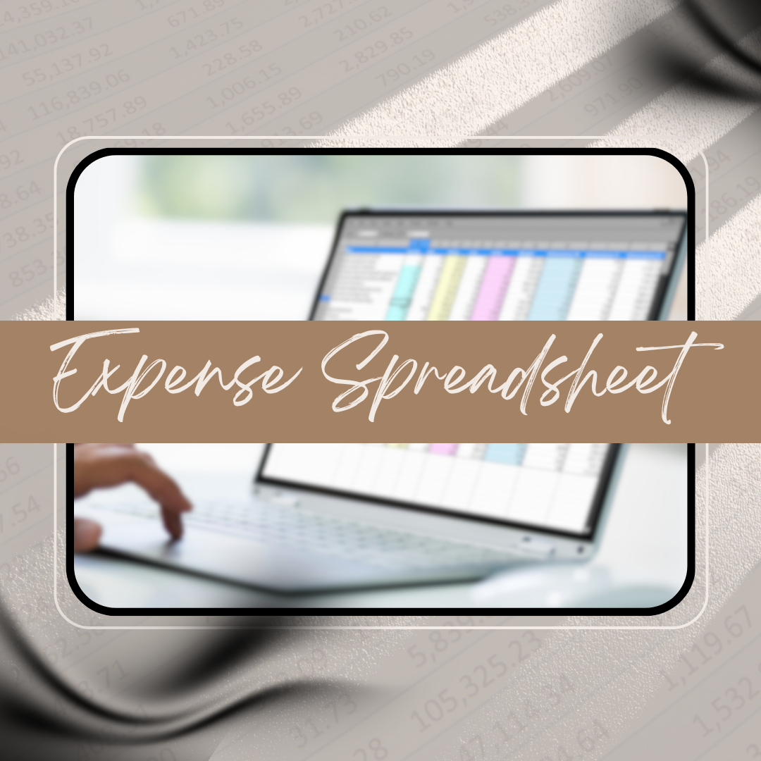 Person using a laptop with an expense spreadsheet on the screen, on a light background.